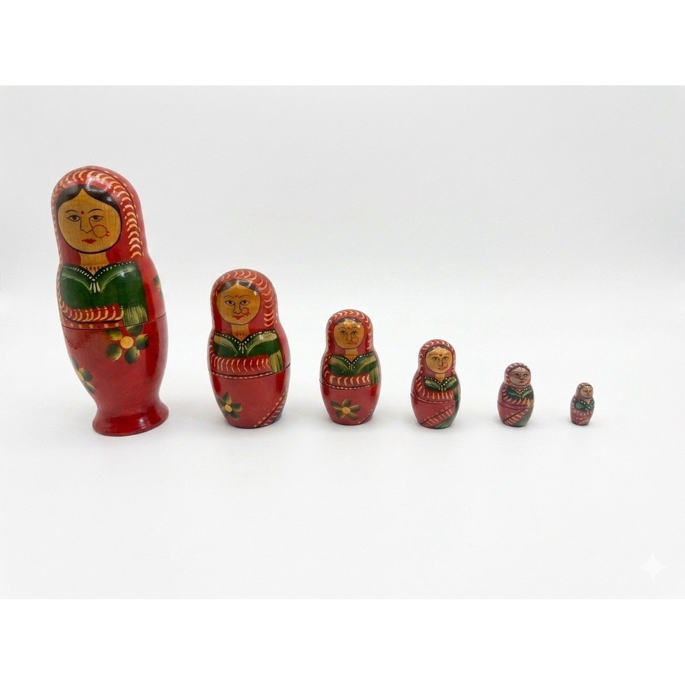 Vintage Nesting Dolls Vintage Indian Matryoshka Hand Painted Wood Stacking Set - Picture 2 of 9